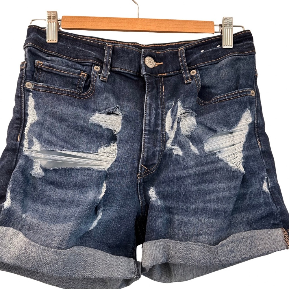 Express High Waisted Double Roll Stretch Denim Shorts in Dark Wash